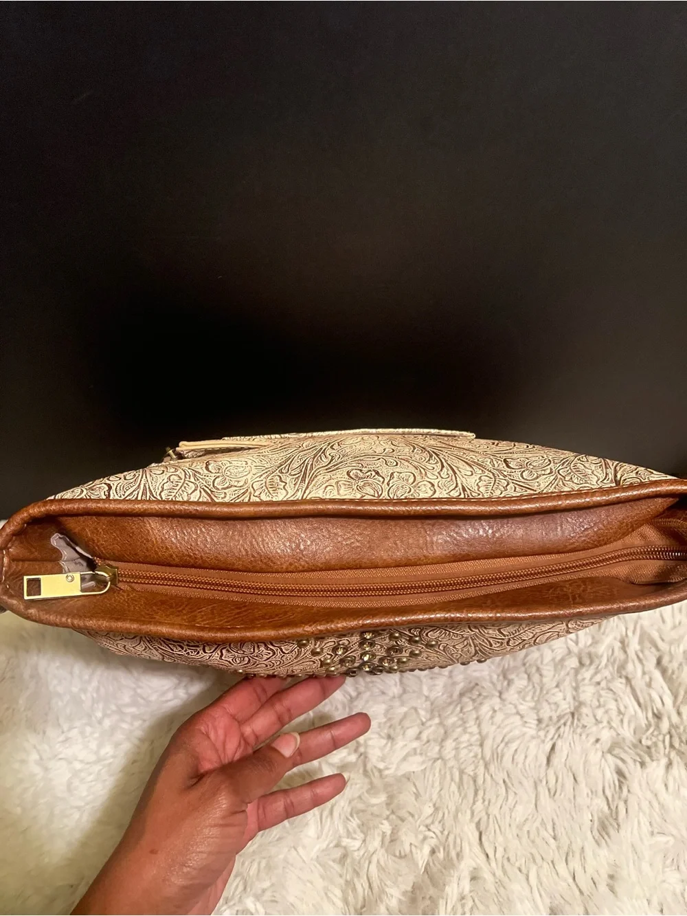 Montana West Tan and Cream Floral Embossed Western Shoulder Bag with Stud Cross
